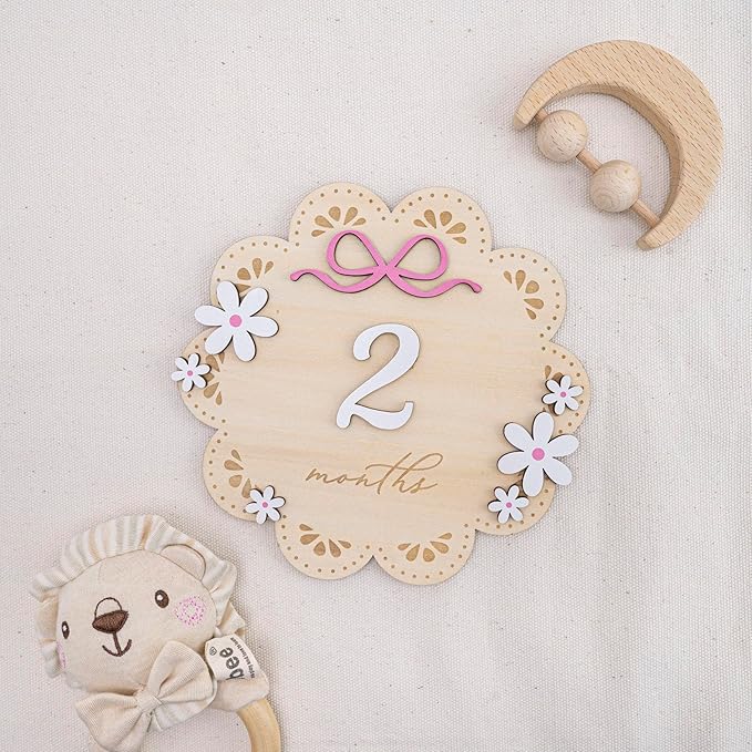 Baby Monthly Milestone Photo Sign, Wooden Floral Design with Pink Bows, Baby Girl Growth Tracker, 1-12 Months (Natural Wood and White with Pink Accents)