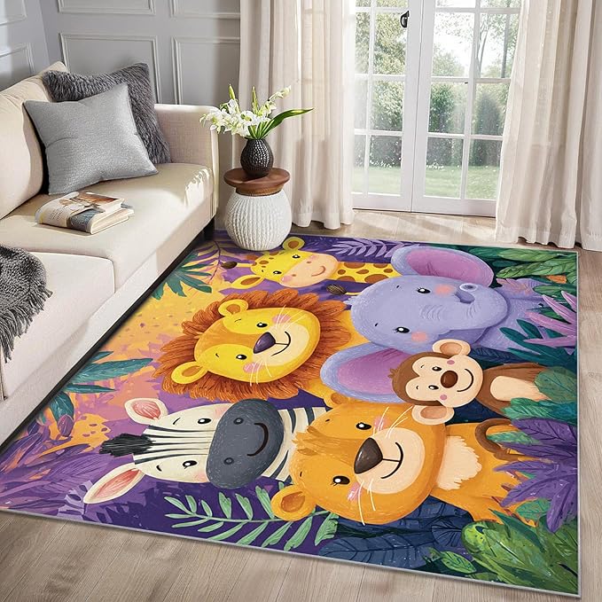 Safari Animal Rug for Nursery - Zoo Animal Area Rug 6x8, Cute Cartoon Jungle Animals Rugs for Living Room Bedroom, Kids Baby Playroom Carpet - Washable Non Slip Ultra Soft, Safari Gifts
