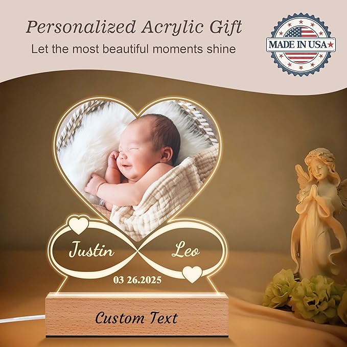 Personalized Baby Gifts for Kids, Custom Acrylic Plaque Picture Frame with Name Night Light for Boys Girls, Perfect Birthday Newbown Baby Shower Gifts, Children's Nursery Room Decor