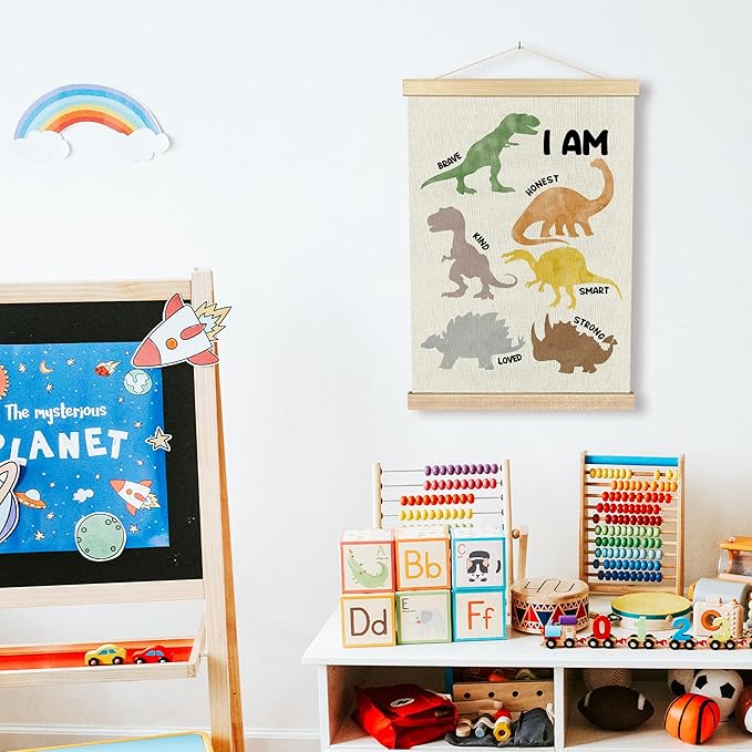 BCUANGD Dinosaurs Dino Wall Decor - Inspirational Boys Room Wall Art Poster Hanger with Wood Frames, Toddler Baby Mental Health Wall Hanging Canvas Decor for Kids Room Nursery Bedroom, 12x16 Inches