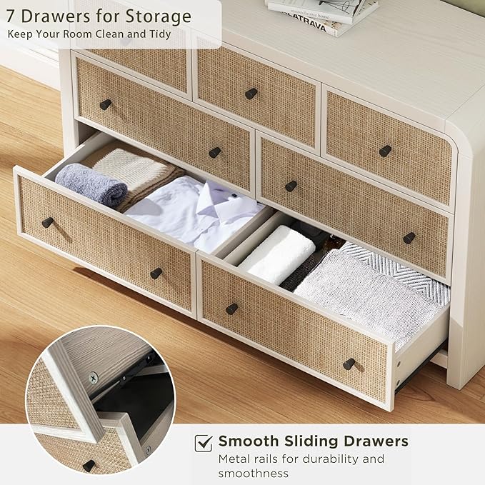 Oak&Sparrow 7 Drawer Dresser for Bedroom, 49'' Rattan Dresser with Ample Storage, Boho Chest of Drawers, Thickened Curved Profile Design, Oak Dressers for Bedroom, Living Room