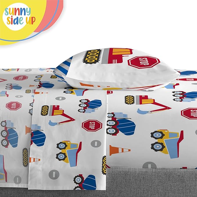Sunny Side Up Construction Zone Twin Comforter Set - 5 Piece Kids Bedding Includes Comforter, Sheets & Pillow Cover - Super Soft Vehicles Microfiber Bed Set