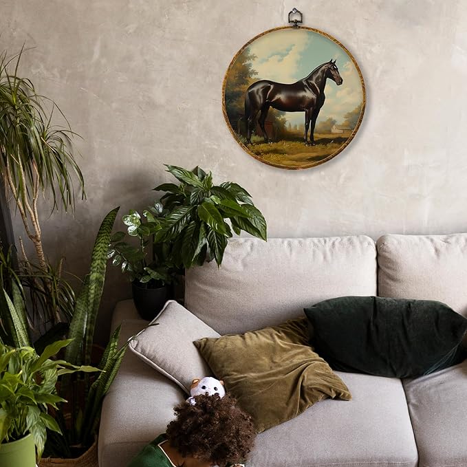 Hiuwevt Horse Round Wall Art Decor, Vintage Equestrian Horse Framed Canvas Prints, Retro Rustic Cottagecore Landscape Round Wall Hanging Decor for Bedroom Home Decorations, 10x10 Inches