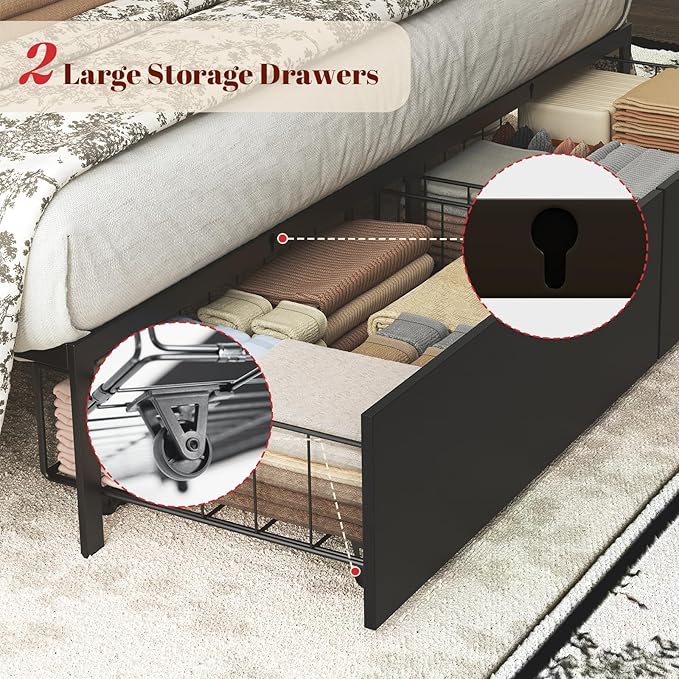 Queen Bed Frame with Large Headboard Storage, Bed Frames with 2 Under Bed Drawers, Built-in LED Lights Charging Station, Easy Assembly, Black