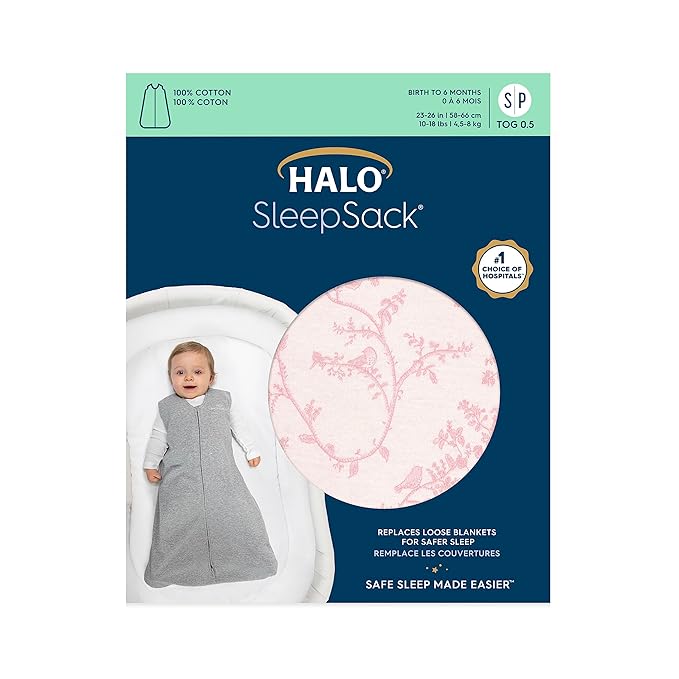 HALO SleepSack, 100% Cotton Wearable Blanket, Swaddle Transition Sleeping Bag, TOG 0.5, Pink Toile, Medium, 6-12 Months