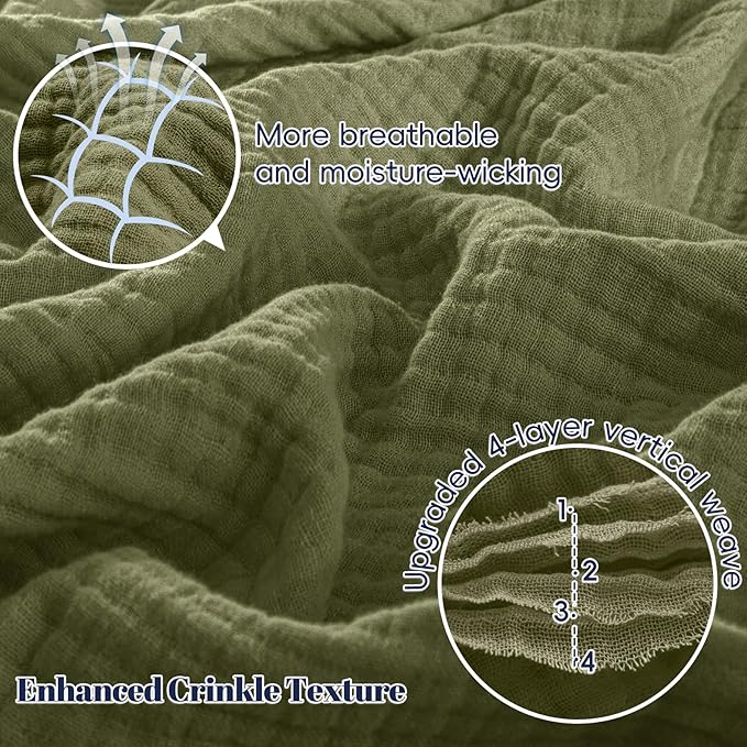 PHF 100% Cotton Muslin Blanket King Size 108"x90", 4-Layer Lightweight Gauze Throw, Breathable Cloud-Soft Minimalist Blanket for Bed, Couch, Camping & Baby, Olive Green, Ideal Gift