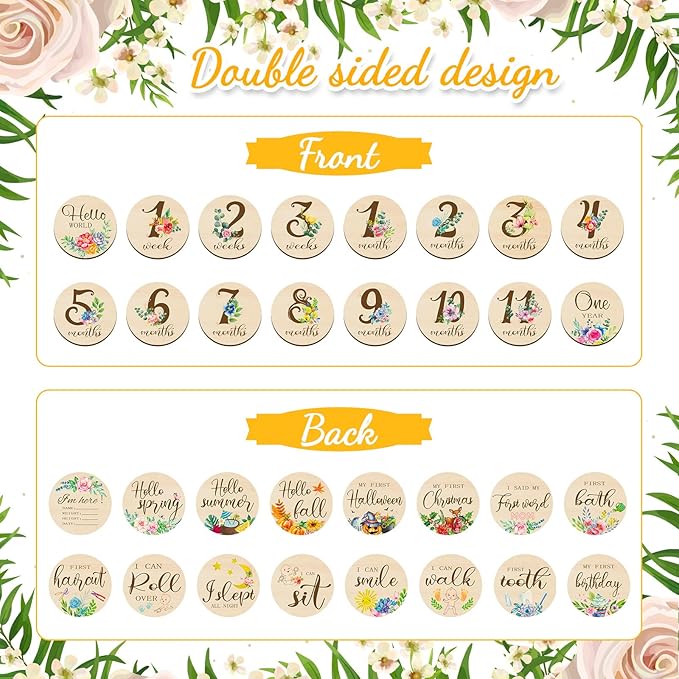 Tiamon 16 Pieces Wooden Baby Monthly Milestone Cards Monthly Milestone Marker Discs Double Sided Wooden Circles Months Signs for Baby Shower Newborn Photo Props(Fresh Flowers)