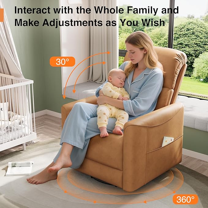 Power Swivel Rocker Recliner, 360° Swivel Nursery Rocking Chair, PU Leather Glider Rocking Recliner, Infinite Position Electric Chair for Adults with USB Port for Living Room, Amber Yellow