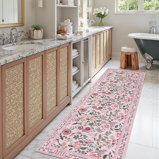 Pink Floral Runner Rug, 2x6 Washable Rug Runners for Hallways Non-Slip, Soft Low Pile Flower Birds Long Bathroom Mat Colorful Botanical Throw Carpet for Kitchen Laundry Entryway Porch