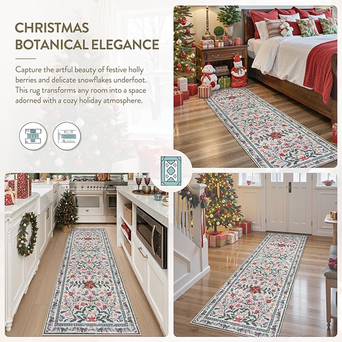 Wonnitar Christmas Runner Rug for Hallway, Christmas Kitchen Decor 2'6"x8' Washable Runner Rug, Non Slip Ultra-Thin Extra Long Holiday Carpet Runners for Bathroom Entryway Winter Decor