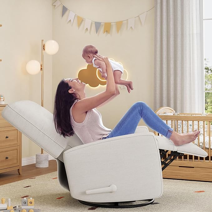 GarveeHome Oversized Recliner Chairs, Swivel Rocker Recliner, Glider Recliner Nursery Chair, Recliner Chair for Adults, 360°Swivel Glider Rocking Chair for Living Room, Bedroom, Office, Linen, White