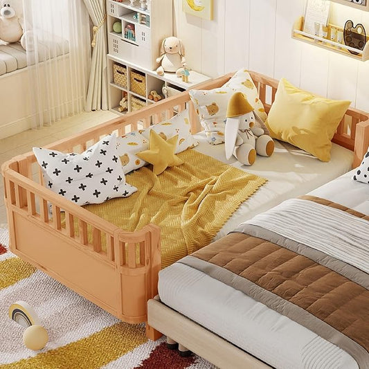 KEIKI Twin Size Wooden Floor Bed w/Removable Rails, Montessori Platform Bed Frame w/Safety Low Profile, Space Saving Corner Kids Beds for Boys Girls Bedroom, No Box Spring Needed, Easy Assembly, Brown
