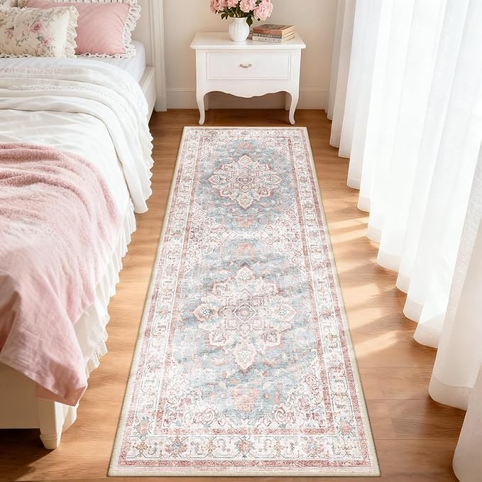 Machine Washable Rugs Nursery Rug 2x6 Cute Girl Non Slip Low Pile Water Repellent Soft Print Pattern for Bedroom Indoor Decor Kids Playroom Pinkblue