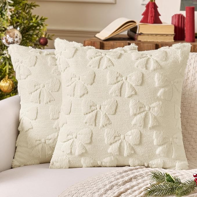 MIULEE Cream White Bow Pillow Covers Christmas Coquette Room Decor Aesthetic Set of 2 Decorative Cute Girl Throw Pillow Soft Plush Faux Pillowcase for Girl Bed Couch Sofa,18x18 Inch