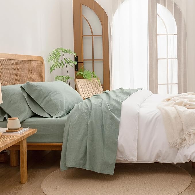 BESTOUCH Sheet Set 100% Washed Cotton Linen Feel Super Soft Comfortable Chic Lightweight 4 Pcs Home Bedding Set Solid Green Full