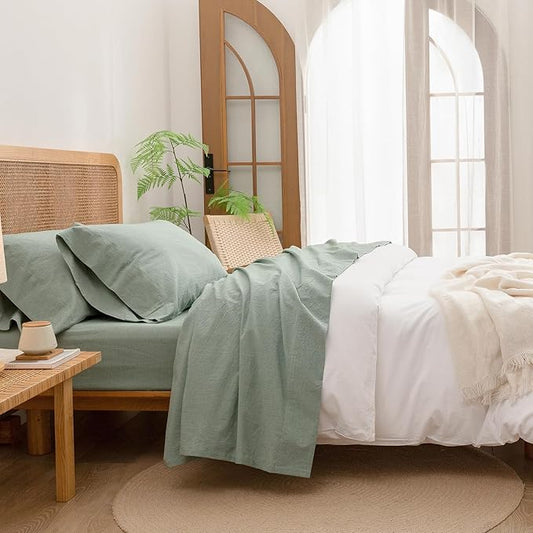 BESTOUCH Sheet Set 100% Washed Cotton Linen Feel Super Soft Comfortable Chic Lightweight 4 Pcs Home Bedding Set Solid Green Cal King