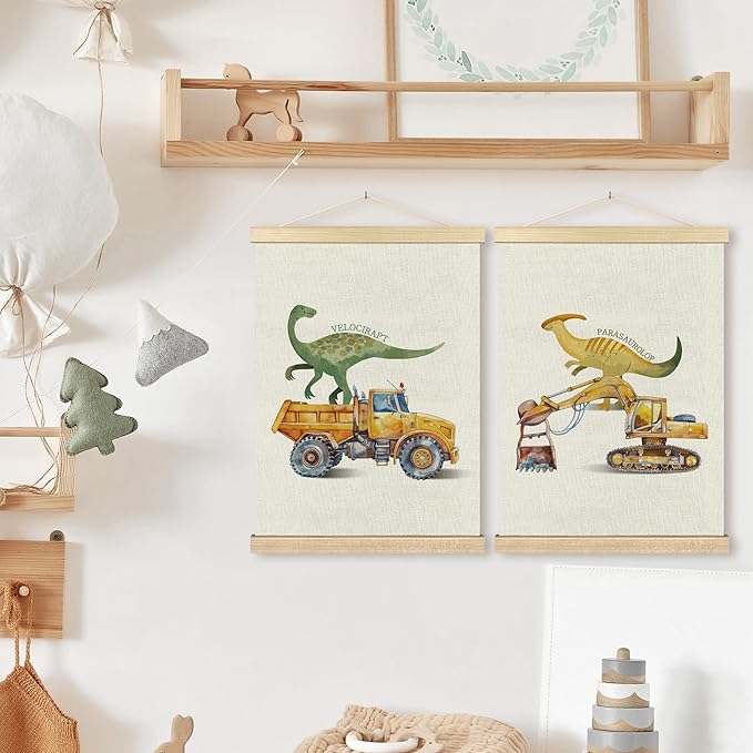 BCUANGD Dinosaur and Construction Truck Wall Decor - Dinosaur Dino Poster Hanger with Wood Frames Set of 2, Baby Car Vehicles Wall Hanging Canvas Decor for Kids Room Nursery Playroom, 12x16 Inches