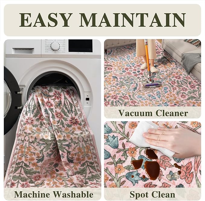6x9 Washable Area Rug for Living Room, Floral Non-Slip Non-Shedding & Easy Care, Soft Low Pile Botanical Indoor Floor Carpet for Living Room, Bedroom, Farmhouse, Dining Room, Kids Playroom, Pink
