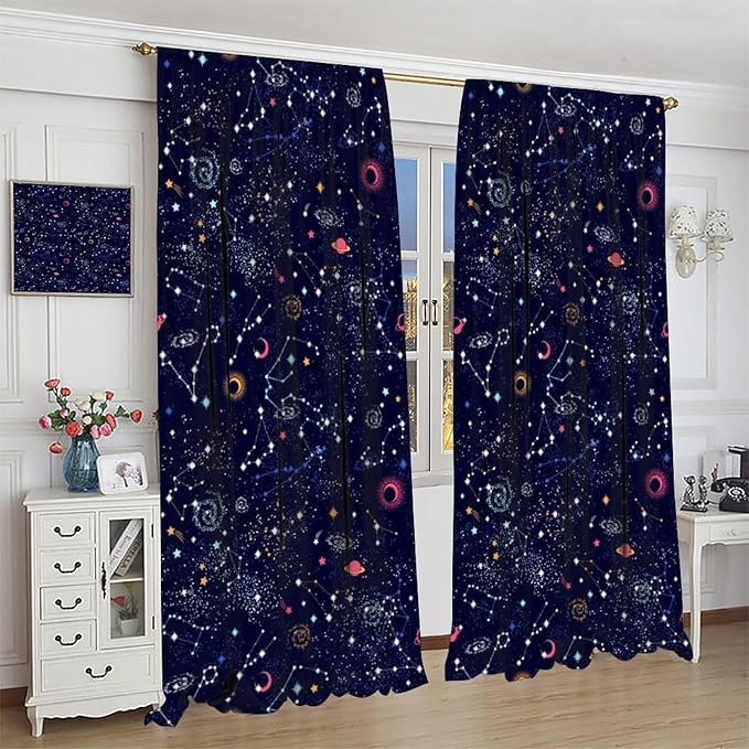 Kids Galaxy Curtains, Fantasy Stars Outer Space Universe Planets Print Window Treatments for Boys Girls Bedroom Nursery Playroom 42" W X 54" L
