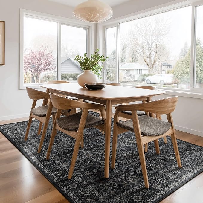 Charcoal 5x7 Area Rugs for Living Room Bedroom, Washable Non Slip Low Pile Thin Soft Carpet Rugs for Dining Room/Kitchen/Home Office/Nursery, Vintage Earth Tone Dark Muted Black and Grey Rug