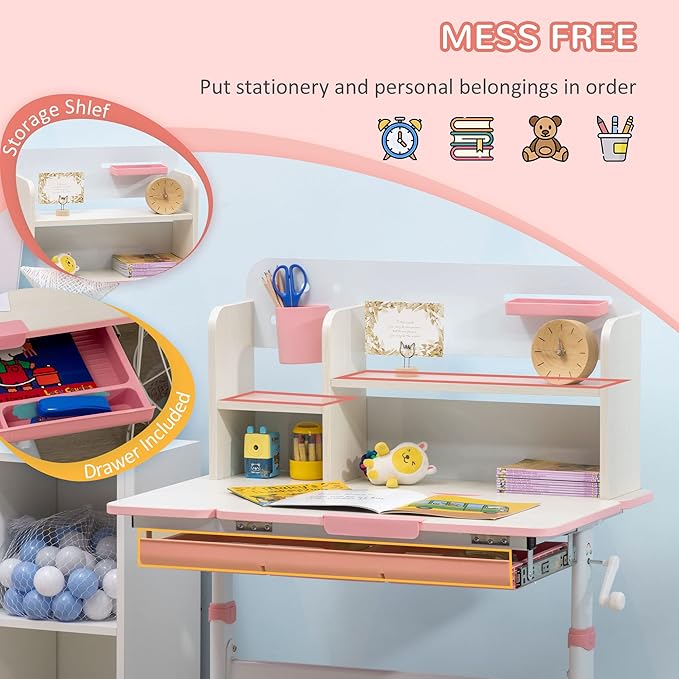 Qaba Wooden Kids Study Desk, Height Adjustable Children School Study Table, Student Writing Desk with Tilt Desktop, Drawer, Storage Shelf, Pen Holder, Pink