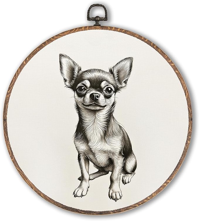 Vintage Chihuahua Round Wall Art Framed, Retro Weiner Dog Round Wall Decor, Chihuahua Weiner Dog Gifts Hanging Canvas Print Wall Sculpture for Bedroom Living Room Decor, 10x10 Inch