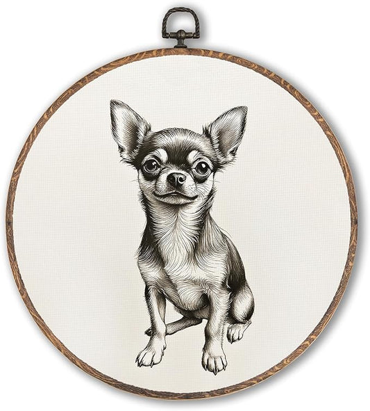 Vintage Chihuahua Round Wall Art Framed, Retro Weiner Dog Round Wall Decor, Chihuahua Weiner Dog Gifts Hanging Canvas Print Wall Sculpture for Bedroom Living Room Decor, 10x10 Inch