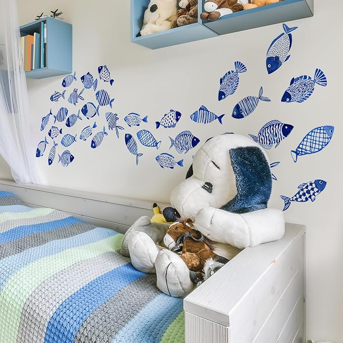 Blue Ocean Fish Wall Decals,Under The Sea Fish Wall Art Decor Stickers,Peel and Stick Ocean Vinyl Sticker for Kids Bedroom Playroom Nursery Classroom Bathroom,