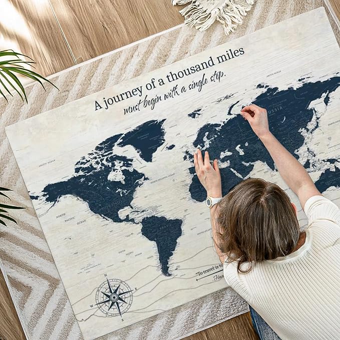 ElephantStock - A Journey I Push Pin World Map Wall Art - Horizontal Canvas Wall Art - Living Room Wall Decor - Digital Art Map Canvas Art - Blue And Beige Decor - 51" x 34"