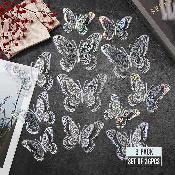 36 Pcs Butterfly Wall Decals, Hollowed-Out Butterflies Stickers Mural Decor Stickers Wall Decor Home Decor Kids Room Bedroom Decor Living Room Decor (Sliver)