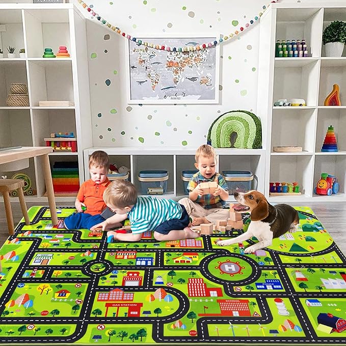 Kids Carpet Playmat 8x10 Car Play Rug Large Kids Play Rug City Traffic Road Mat Low Pile Non Slip Fun Carpet for Kids Children Nursery Playroom Classroom Educational City Life Carpet Black