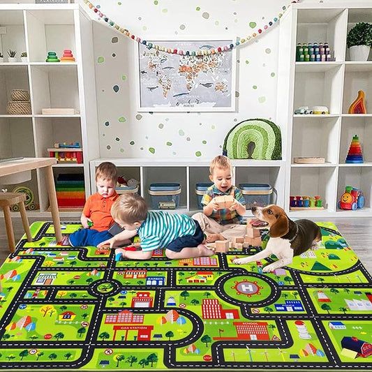 Kids Carpet Playmat 8x10 Car Play Rug Large Kids Play Rug City Traffic Road Mat Low Pile Non Slip Fun Carpet for Kids Children Nursery Playroom Classroom Educational City Life Carpet Black