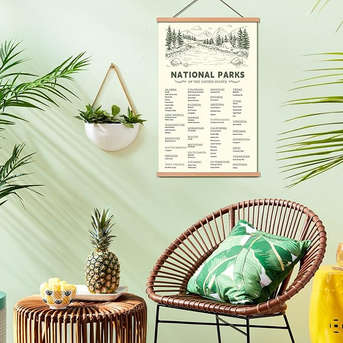 KAIRNE US National Park Checklist Poster,Park Posters for Travel Sign With Wooden Hanging Framed(28CMx46CM),Inspirational Rustic Decor,National Park Map Posters Gift for Hiker or National Park Lover