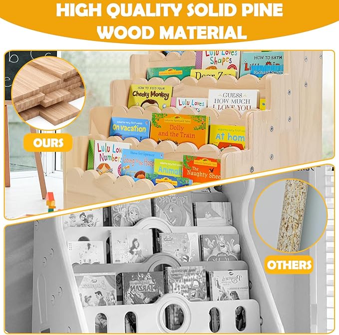 5 Tier Small Wooden Scalloped Shelf for Toddler 1-5 Years, Kids Bookshelf Children Montessori Bookshelf, Durable Baby Toddler Bookcase for Nursery Playroom, 16.9*11.4*15.7"