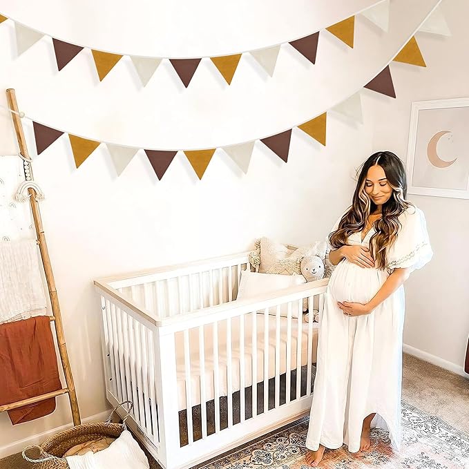 2 Sets of Brown Ginger Beige Nursery Garland 24Pcs Neutral Fabric Linen Pennant Banner Flags Triangle Streamers for Baby Playroom Decor Kids Camping Birthday Baby Shower Boho Party Decorations