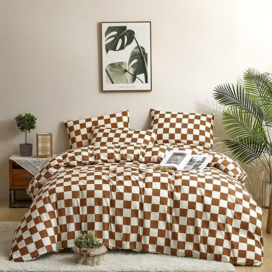 Houseri Brown Plaid Duvet Cover Twin Size White and Camel Grid Bedding Duvet Covers Twin Boys Girls Kids Modern Pumpkin Checkerboard Dorm Bedding Cover Preppy Buffalo Checkered Twin Duvet Cover Sets