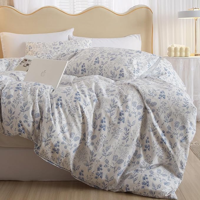 3 Pieces Duvet Cover Full Size Bedding White Duvet Cover with Blue Floral Print,Coquette Bedding Soft Cotton Comforter Cover Boho Style,Aesthetic Full Bedding Set with Zipper Closure 4 Ties,All Season