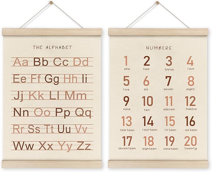 HRQKO Alphabet Numbers Poster Hanger Frame Set of 2, Girls Nursery Wall Decor, ABC Poster Wall Art with Wooden Frames, Burnt Orange Alphabet Banner Wall Hanging Decor for Toddler Playroom,12x16 Inch
