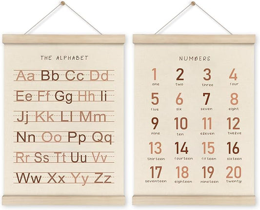 HRQKO Alphabet Numbers Poster Hanger Frame Set of 2, Girls Nursery Wall Decor, ABC Poster Wall Art with Wooden Frames, Burnt Orange Alphabet Banner Wall Hanging Decor for Toddler Playroom,12x16 Inch