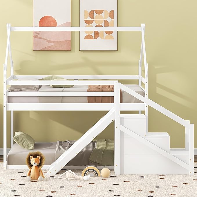Flieks Twin Over Twin House Loft or Bunk Bed Frame for Boys Girls Kids Adults Toddler with Slide and Staircase, White