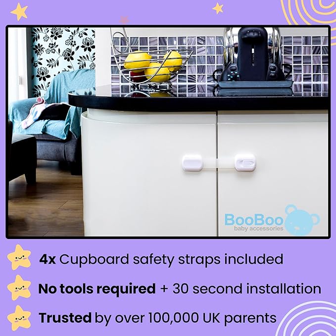 Booboo® (4 Pack) Child Proof Refrigerator Lock Fridge Door Locks | Baby Proof Your Cabinet Drawers, Dishwasher, Garbage Trash Can & Cupboards with 3M Adhesive Locks| Easy Installation No Tools Needed