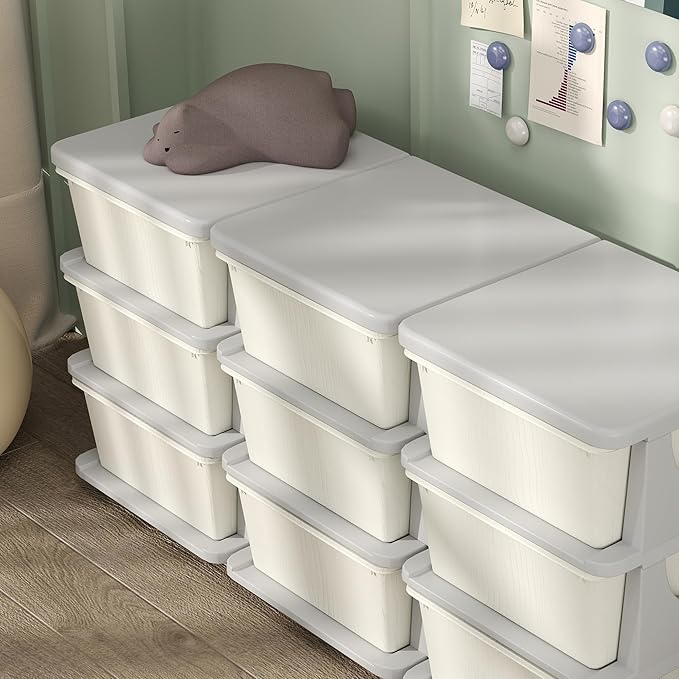 Qaba 3 Tier Kids Storage Unit, 9 Drawer Chest Toy Organizer Plastic Bins for Kids Bedroom Nursery Kindergarten Living Room for Boys Girls Toddlers, Cream White