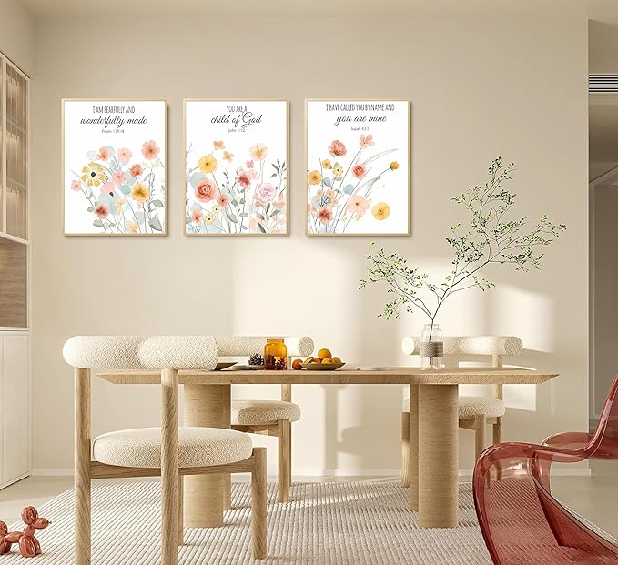 Esejchiam 3pcs Christian Floral Wall Art Wildflowers Bible Verse Canvas Wall Decor Boho Floral Paintings Prints Poster for Living Room Bedroom Home Decorations Unframed