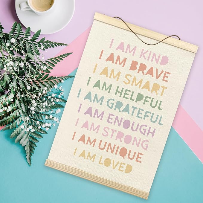 Pastel Boho Kids Wall Art Decor, I Can Do Hard Things Positive Affirmations Poster Hanger Frame for Kids Room Bedroom Nursery Playroom Classroom Wall Decor, 12x16 Inch Set of 2