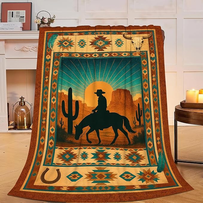 Western Cowboy Blanket Southwest Cowboy Horse Tropical Cactus Mexican Throw Blanket Soft Cozy Fleece Fuzzy Plush Warm Stuff Bedding Blankets Gifts for Boys Girls Kids Adult Men Women 40"X50"
