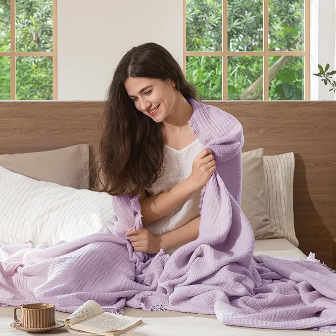 MooMee Muslin Blanket - 100% Cotton 4-Layer Gauze Throw Blanket with Tassels Ultra-Soft Breathable Lightweight Cooling for Bed Couch (Light Purple,Throw 60" x 50")