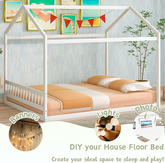 Bellemave Queen House Bed with Roof Wood Montessori Floor Beds for Kids Wood House Floor Bed Frame for Girls Boys Teens Adults, No Spring Box Needed, White