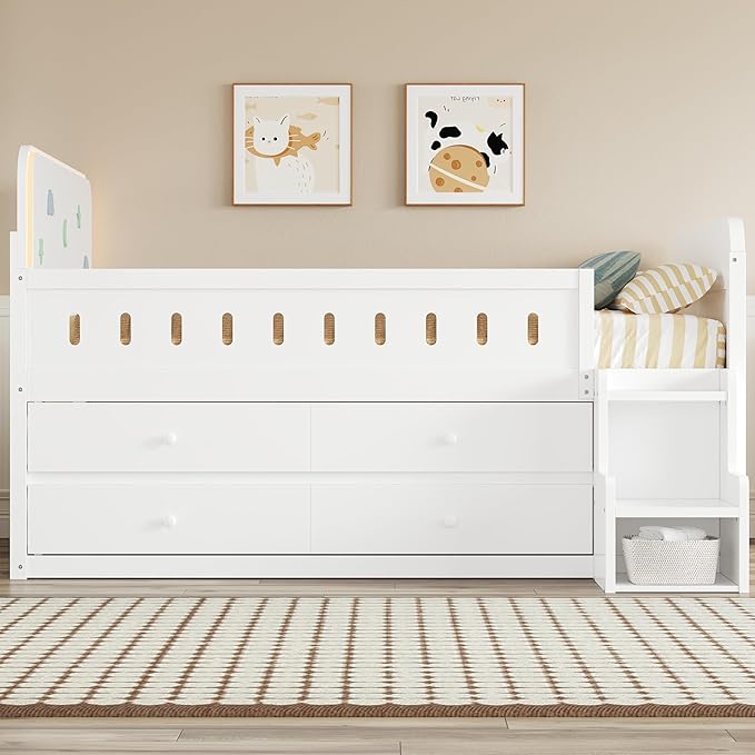 Full Size Platform Bed with Guardrail and 4 Drawers, Wooden Kids Platform Bed Frame with Two-Step Staircases and Light Strip for Boys Girls, Sturdy Slats Support (White-11A)