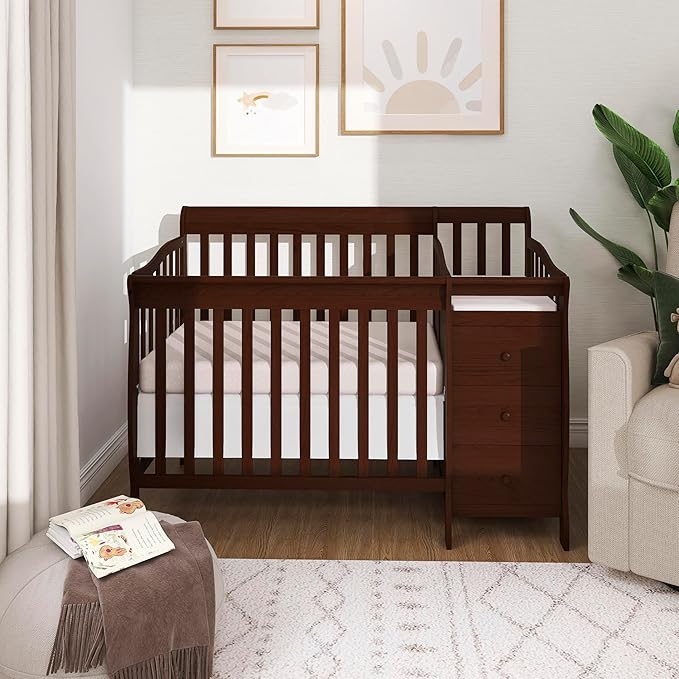 Dream On Me Jayden 4-in-1 Mini Convertible Crib And Changer in Espresso, Greenguard Gold Certified, Non-Toxic Finish, New Zealand Pinewood, 1" Mattress Pad