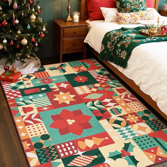 jinchan Christmas Rug 4x6 for Entryway Washable Christmas Living Room Rug Xmas Geometric Floor Mat Non-Slip Soft Throw Carpet Festive Red-Green Holiday Patch Decor for Bedroom Kitchen Bathroom